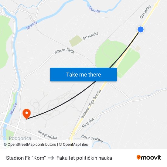 Stadion Fk “Kom” to Fakultet političkih nauka map