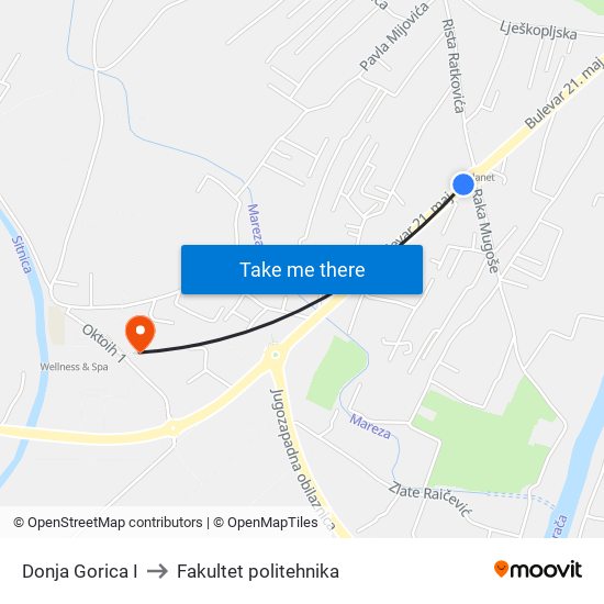 Donja Gorica I to Fakultet politehnika map