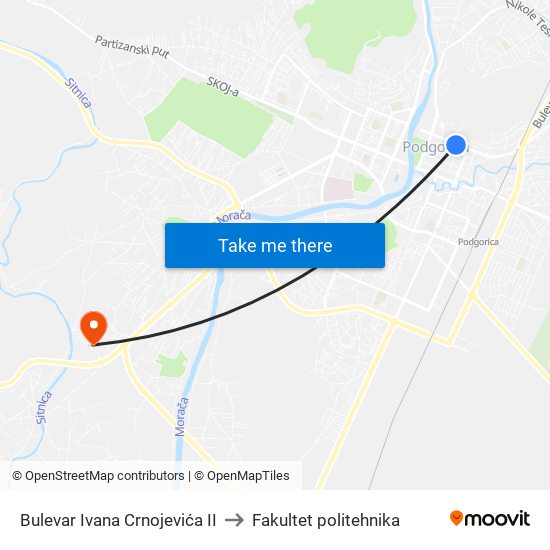 Bulevar Ivana Crnojevića II to Fakultet politehnika map