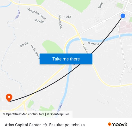 Atlas Capital Centar to Fakultet politehnika map