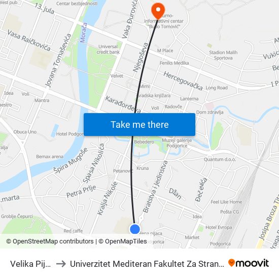 Velika Pijaca to Univerzitet Mediteran Fakultet Za Strane Jezike map