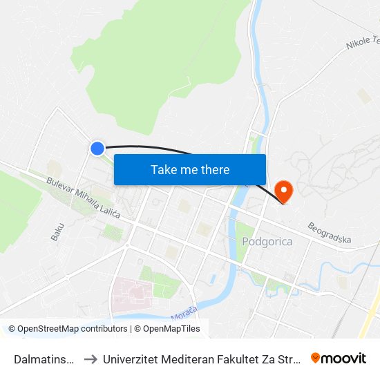 Dalmatinska III to Univerzitet Mediteran Fakultet Za Strane Jezike map
