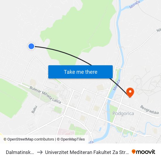 Dalmatinska, 55 to Univerzitet Mediteran Fakultet Za Strane Jezike map