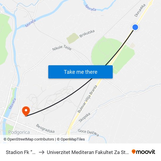 Stadion Fk “Kom” to Univerzitet Mediteran Fakultet Za Strane Jezike map