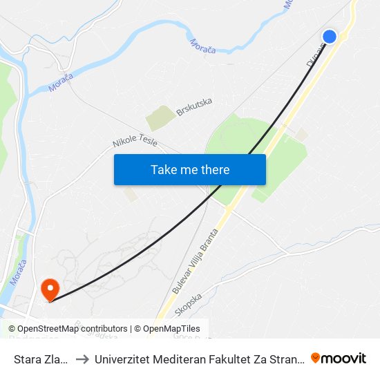 Stara Zlatica to Univerzitet Mediteran Fakultet Za Strane Jezike map