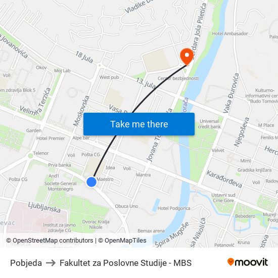 Pobjeda to Fakultet za Poslovne Studije - MBS map