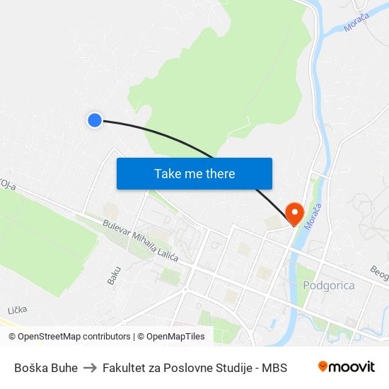 Boška Buhe to Fakultet za Poslovne Studije - MBS map