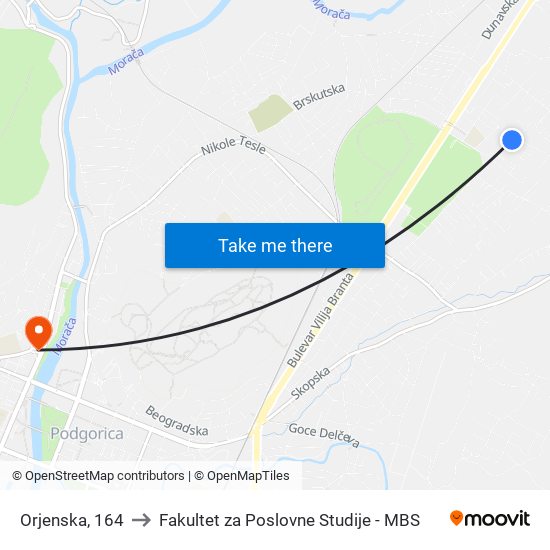 Orjenska, 164 to Fakultet za Poslovne Studije - MBS map