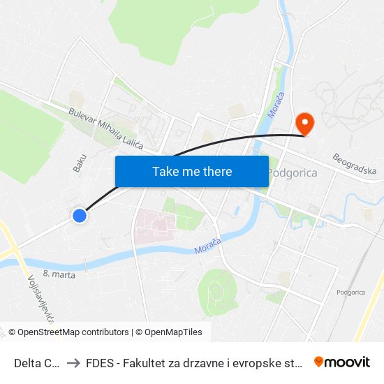 Delta City to FDES - Fakultet za drzavne i evropske studije map