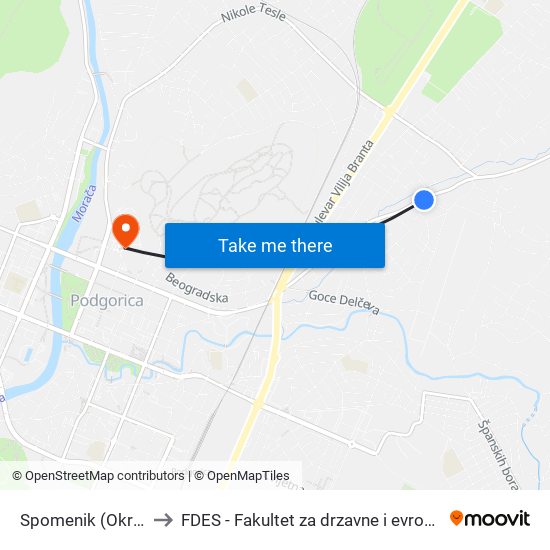 Spomenik (Okretište) to FDES - Fakultet za drzavne i evropske studije map