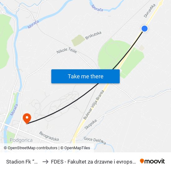 Stadion Fk “Kom” to FDES - Fakultet za drzavne i evropske studije map