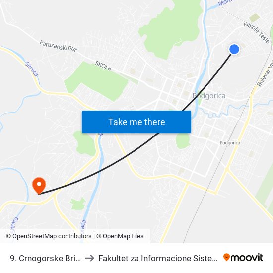 9. Crnogorske Brigade, 114 to Fakultet za Informacione Sisteme i Tehnologije map