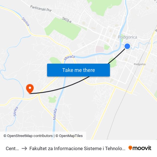 Centar to Fakultet za Informacione Sisteme i Tehnologije map