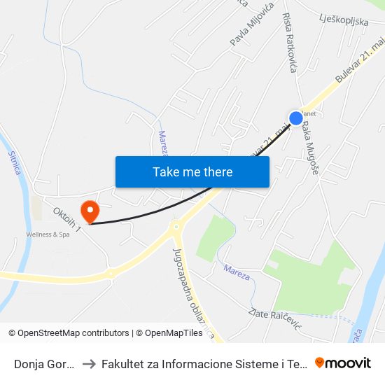 Donja Gorica I to Fakultet za Informacione Sisteme i Tehnologije map