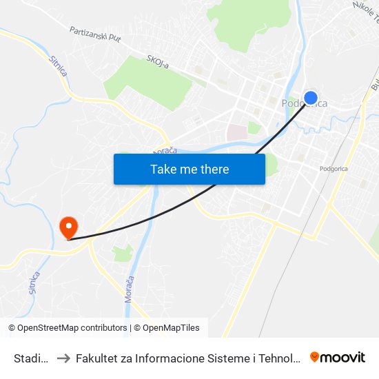 Stadion to Fakultet za Informacione Sisteme i Tehnologije map