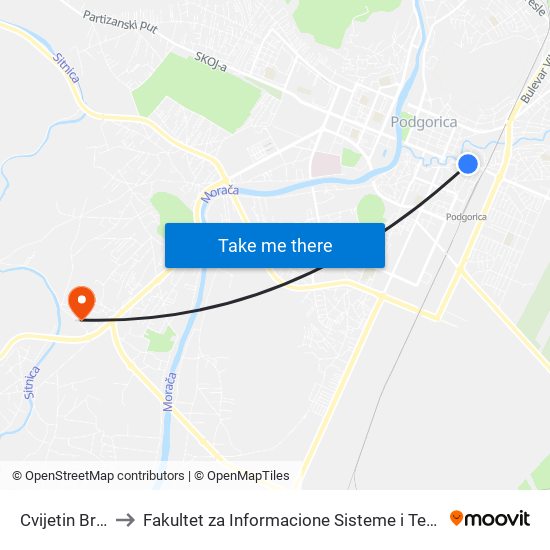 Cvijetin Brijeg to Fakultet za Informacione Sisteme i Tehnologije map