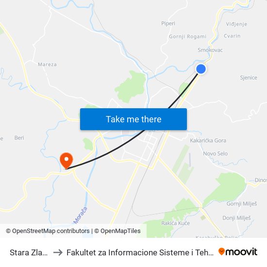 Stara Zlatica to Fakultet za Informacione Sisteme i Tehnologije map