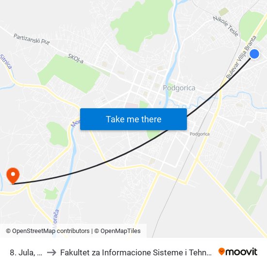 8. Jula, 18 to Fakultet za Informacione Sisteme i Tehnologije map