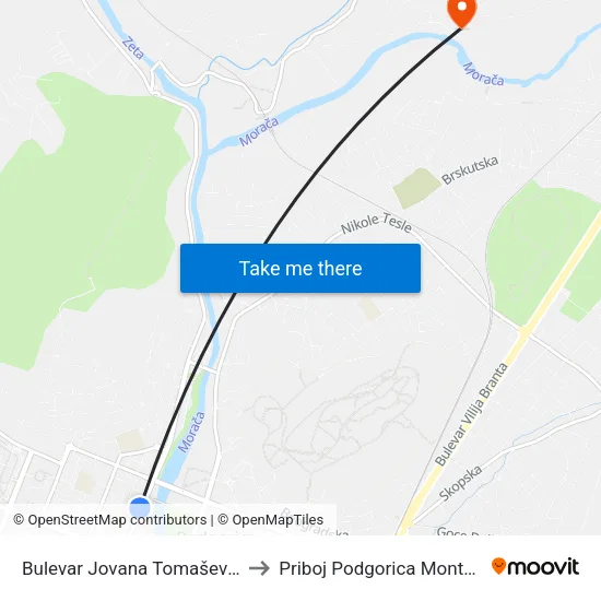 Bulevar Jovana Tomaševića, 27 to Priboj Podgorica Montenegro map