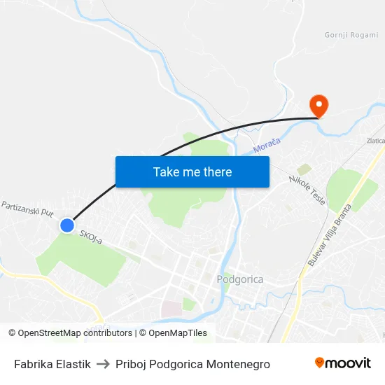 Fabrika Elastik to Priboj Podgorica Montenegro map