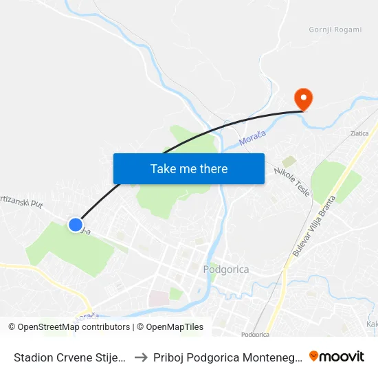 Stadion Crvene Stijene to Priboj Podgorica Montenegro map