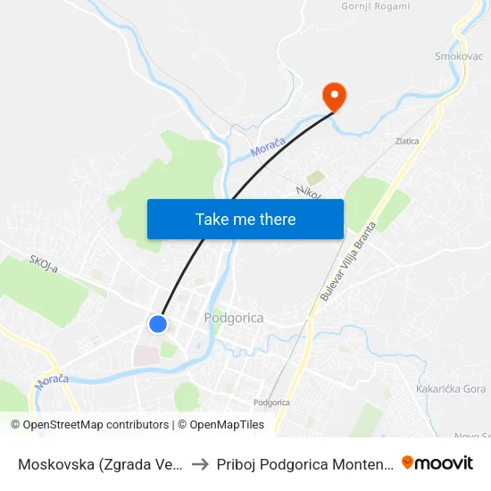 Moskovska (Zgrada Vektra) to Priboj Podgorica Montenegro map