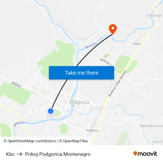Kbc to Priboj Podgorica Montenegro map