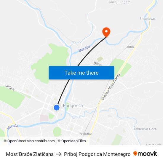 Most Braće Zlatičana to Priboj Podgorica Montenegro map