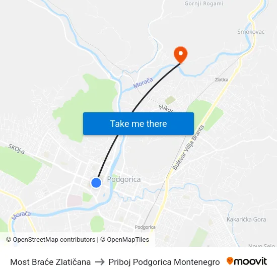Most Braće Zlatičana to Priboj Podgorica Montenegro map
