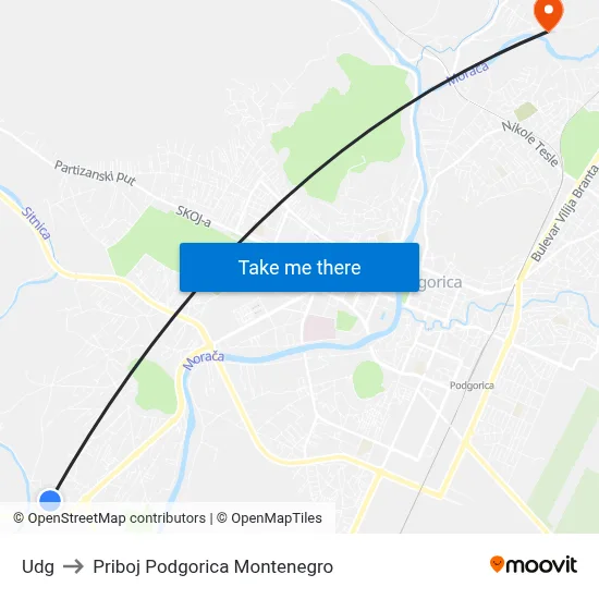 Udg to Priboj Podgorica Montenegro map
