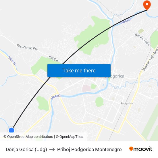 Donja Gorica (Udg) to Priboj Podgorica Montenegro map