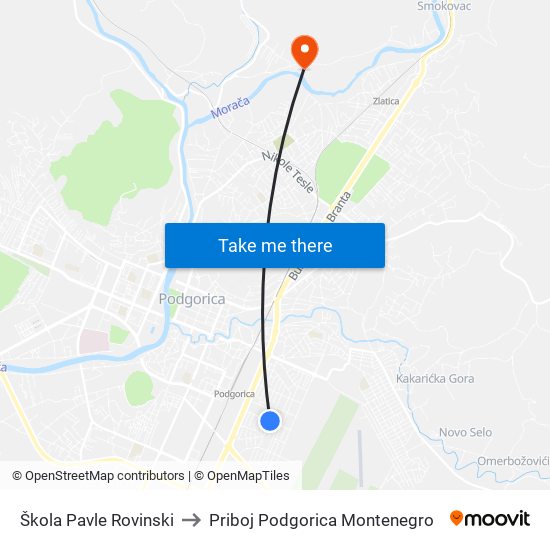 Škola Pavle Rovinski to Priboj Podgorica Montenegro map