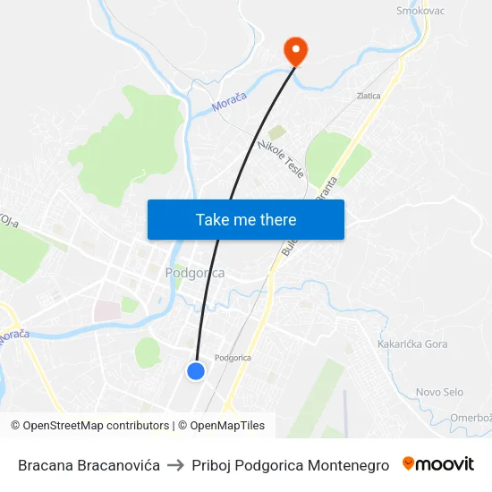 Bracana Bracanovića to Priboj Podgorica Montenegro map