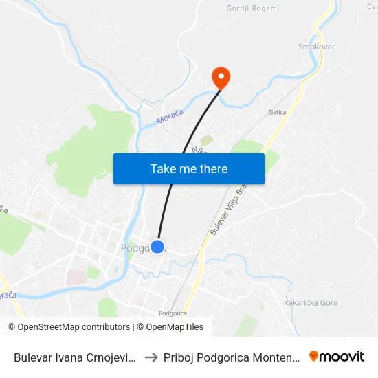 Bulevar Ivana Crnojevića II to Priboj Podgorica Montenegro map