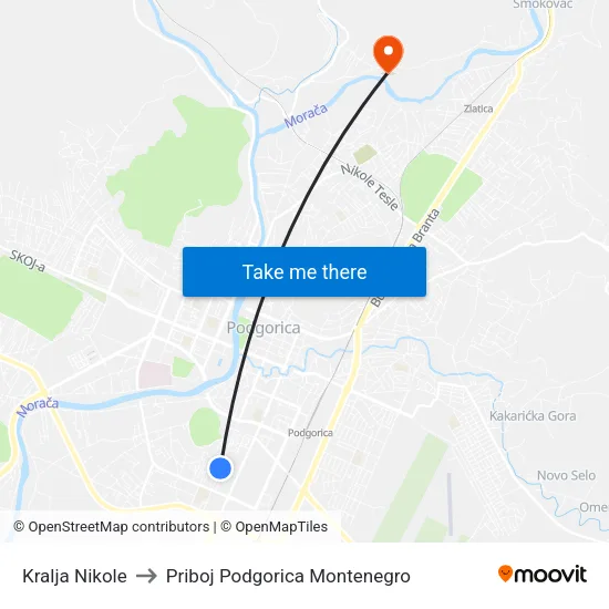 Kralja Nikole to Priboj Podgorica Montenegro map