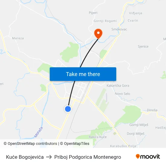 Kuće Bogojevića to Priboj Podgorica Montenegro map
