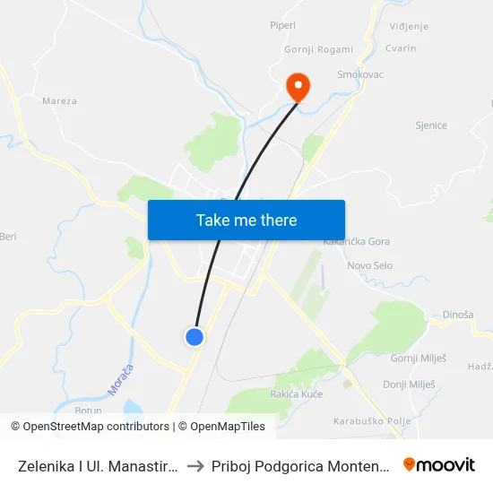 Zelenika I Ul. Manastirska to Priboj Podgorica Montenegro map