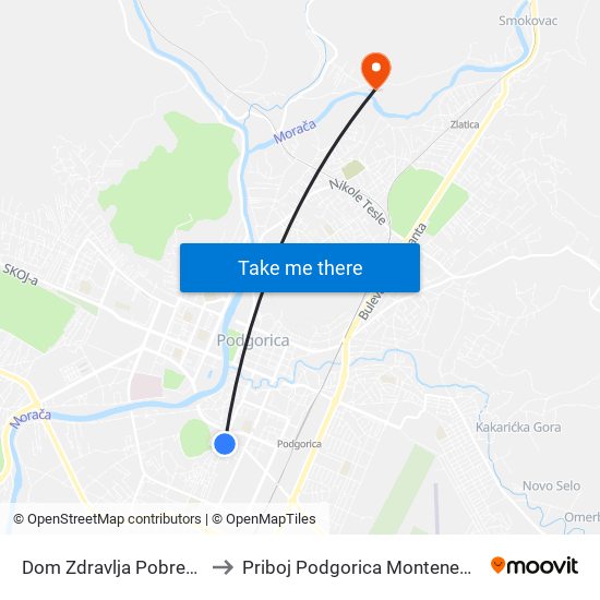 Dom Zdravlja Pobrežje to Priboj Podgorica Montenegro map