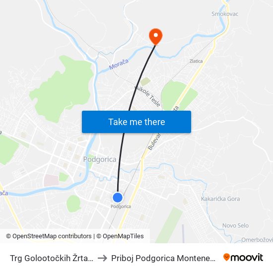 Trg Golootočkih Žrtava to Priboj Podgorica Montenegro map