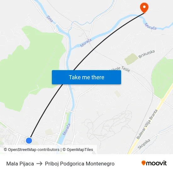 Mala Pijaca to Priboj Podgorica Montenegro map