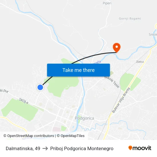 Dalmatinska, 49 to Priboj Podgorica Montenegro map