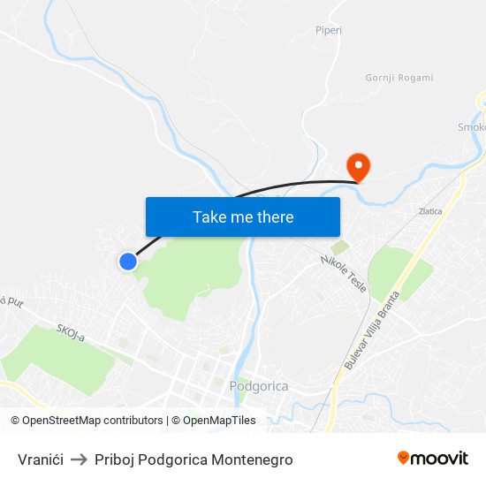 Vranići to Priboj Podgorica Montenegro map