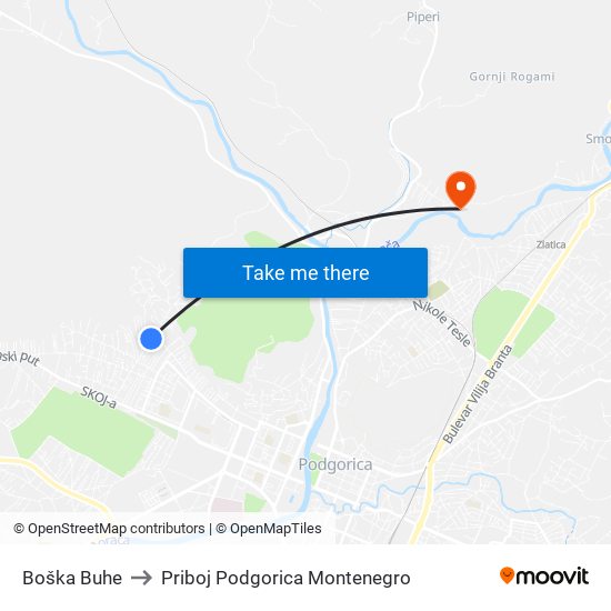 Boška Buhe to Priboj Podgorica Montenegro map