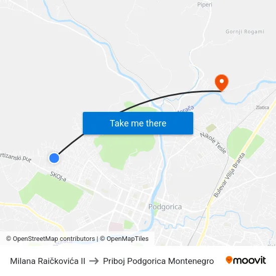 Milana Raičkovića II to Priboj Podgorica Montenegro map