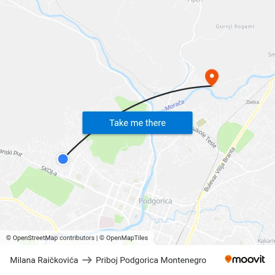Milana Raičkovića to Priboj Podgorica Montenegro map