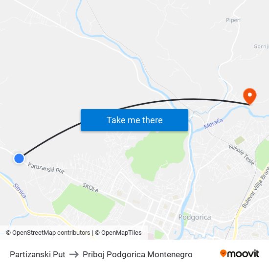 Partizanski Put to Priboj Podgorica Montenegro map
