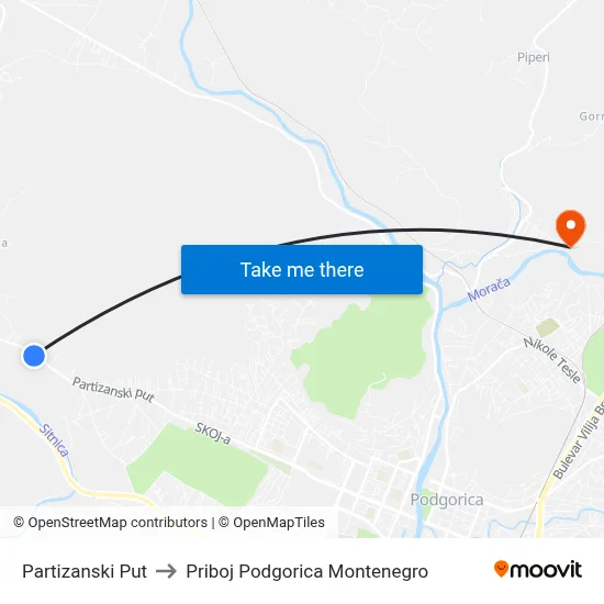 Partizanski Put to Priboj Podgorica Montenegro map