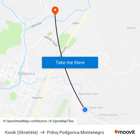 Konik (Okretište) to Priboj Podgorica Montenegro map