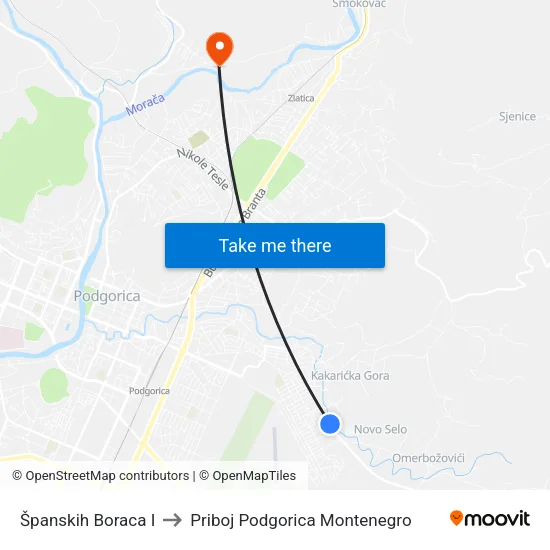 Španskih Boraca I to Priboj Podgorica Montenegro map