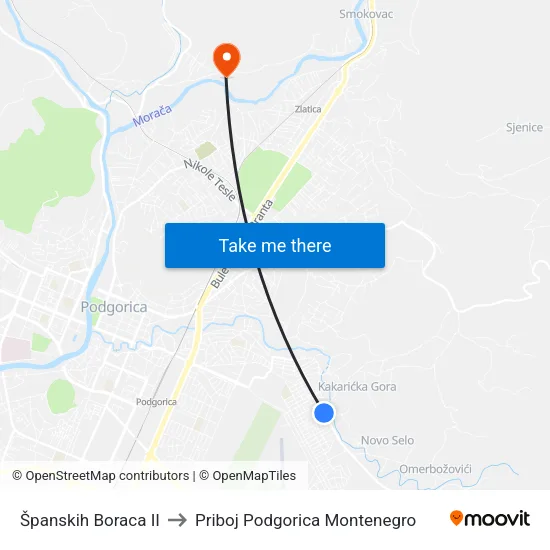 Španskih Boraca II to Priboj Podgorica Montenegro map